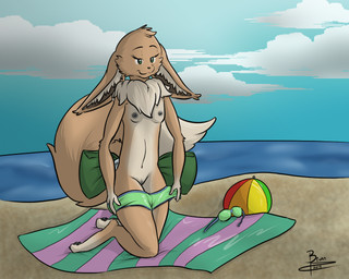 accessory anthro areola ball beach beach_ball black_nipples black_nose black_vulva bow_(feature) bow_accessory bow_ribbon breasts clothing cloud eyewear female furgonomics genitals green_eyes inflatable nipples on_towel outside pokemorph pool_toy presenting presenting_vulva ribbons sand seaside sky small_breasts solo sunglasses swimwear tail tail_accessory tail_bow tail_ribbon towel vulva tahla nintendo pokemon tahla_(tahla) canid canine eevee generation_1_pokemon mammal pokemon_(species) 2015 5:4