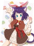 alternative_fashion black_hair blue_eyes blush bow_ribbon clothing dress fake_ears fake_rabbit_ears female food_background hair j-fashion lolita_(fashion) purple_hair simple_background solo chipfar sanrio show_by_rock!! cyan_hijirikawa animal_humanoid cat_humanoid domestic_cat felid felid_humanoid feline feline_humanoid felis humanoid mammal mammal_humanoid 3:4 hi_res