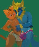 anthro anthro_on_anthro arm_tuft balls blonde_hair blonde_pubes blue_balls blue_body blue_fur blue_tail blush brown_body brown_fur brown_stripes bulge bulge_frottage cheek_tuft chest_tuft clothing detailed_bulge duo elbow_tuft erection eyebrows facial_tuft front_view frottage fur genital_outline genitals glans green_background hair humanoid_genitalia humanoid_penis male male/male orange_balls orange_body orange_fur orange_tail panties penile penis penis_base penis_outline pink_penis pubes purple_clothing purple_panties purple_underwear raised_eyebrow red_eyes sex short_hair simple_background striped_body striped_fur stripes tail translucent translucent_clothing tuft underwear white_clothing white_panties white_underwear yellow_body yellow_ears yellow_fur yellow_inner_ear oselotti mythology nintendo pokemon dialuca01 oselotti_(character) domestic_cat dragon felid feline felis generation_3_pokemon mammal manectric mythological_creature mythological_scalie pokemon_(species) scalie hi_res