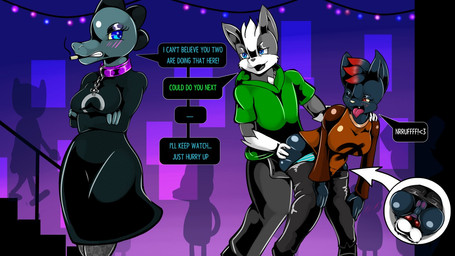 anal anal_penetration anthro balls biped black_bottomwear black_clothing black_dress black_pants blue_body blue_ears blue_eyes blue_fur blue_hair blue_scales blush body_blush bottomwear breasts cigarette cigarette_in_mouth cigarette_smoke clothed clothed_sex clothing collar dress erection female fully_clothed fur genitals gloves_(marking) green_clothing green_hoodie green_topwear grey_body grey_ears grey_fur group hair hoodie knot knotted_penis male male/female male_penetrating markings multicolored_body multicolored_fur nightclub object_in_mouth open_bottomwear open_clothing open_mouth open_pants orange_clothing orange_shirt orange_topwear pants penetration penis pink_tongue public public_sex purple_collar red_eyes red_hair scales sex shirt silhouette smoke smoking smoking_cigarette stairs tongue tongue_out topwear two_tone_body two_tone_fur vulva vulva_blush white_balls white_body white_fur kitt_kitan_(artist) night_in_the_woods bea_santello kitt_kitan_(character) mae_borowski canid canine canis crocodile crocodilian domestic_cat felid feline felis mammal reptile scalie wolf 16:9 2017 widescreen