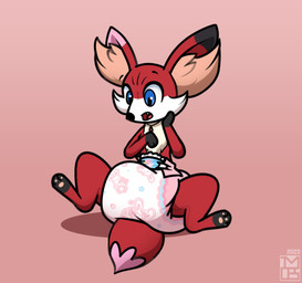 after_transformation ambiguous_gender big_diaper black_body black_ear_tips black_nose bunnyhopps_(diaper) clean_diaper clothed clothing diaper diaper_only dipstick_ears dipstick_tail ear_markings feral gloves_(marking) gradient_background hand_on_face inner_ear_fluff jewelry leg_markings logo markings multicolored_body multicolored_ears necklace open_mouth orange_inner_ear_fluff pink_body pink_ear_tips pink_tail_tip plushie red_body red_tail seam_(sewing) shocked simple_background sitting snaggle_tooth socks_(marking) solo tail tail_markings topless tuft wearing_diaper white_body imces abuniverse bunnyhopps nintendo pokemon omikron_(diaperplush) animate_inanimate fennekin generation_6_pokemon living_plushie pokemon_(species) 2023 artist_logo full-length_portrait portrait