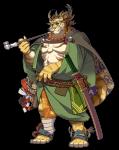 5_fingers 5_toes anthro asian_clothing beads biped brown_body brown_fur brown_hair cape clothed clothing east_asian_clothing feet fingers fur green_eyes hair holding_object japanese japanese_clothing jewelry katana kimono kiseru leg_wraps looking_at_viewer male melee_weapon muscular muscular_anthro muscular_male necklace orange_body orange_fur pink_nose prayer_beads scabbard sheathed_weapon simple_background smoking_pipe solo standing stripes sword tan_body tan_fur toeless_(marking) toes transparent_background weapon whiskers wraps yellow_body yellow_fur unknown_artist wander_crown hoemaru_(wander_crown) felid mammal pantherine tiger alpha_channel official_art