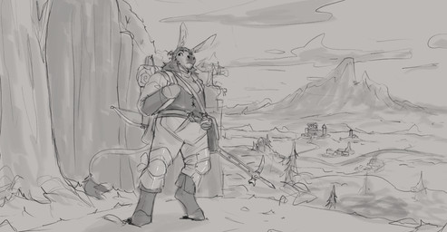 anthro armor backpack biped boots bow_(weapon) clothed clothing cloud footwear front_view hair hooves long_hair male male_anthro mountain mouth_closed outside plant quiver_(object) ranged_weapon shoes solo standing tail tail_tuft tree tuft unguligrade weapon jezzlen chuy_(jezzlen) asinus donkey equid equine mammal hi_res monochrome sketch