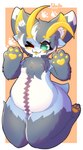 6_ears :3 antennae_(anatomy) anthro black_body black_fur black_hair blue_body curly_hair female fluffy fur fur_tuft green_eyes hair inner_ear_fluff markings multi_ear multicolored_body multicolored_fur multicolored_hair navel one_eye_closed pawpads paws purple_markings short_hair short_tail simple_background sitting slightly_chubby solo tail thick_thighs tongue tuft white_body wide_hips wink !dodn erro_(!dodn) aquatic_gastropod gastropod marine mollusk sea_snail snail absurd_res hi_res