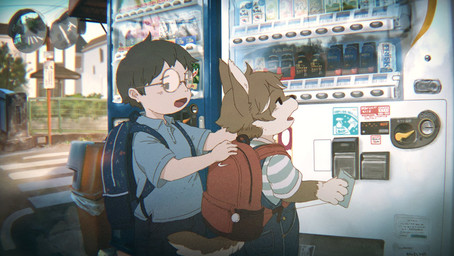 anthro backpack black_hair blue_clothing blue_shirt blue_topwear clothing crosswalk duo eyewear glasses hair japan kemono machine male male/male open_mouth outside overalls pattern_clothing pattern_shirt pattern_topwear red_backpack shirt striped_clothing striped_shirt striped_topwear stripes topwear vending_machine young young_anthro young_male nishiko24 ookami_(nishiko24) canid canine canis human mammal wolf 2024 hi_res japanese_description
