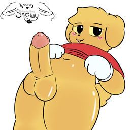 ambiguous_fluids anthro balls belly blush blush_lines blush_stickers clothing genitals gloves handwear male navel penis red_clothing red_shirt red_t-shirt red_topwear shirt simple_background solo t-shirt thighs_together tongue tongue_out topwear white_background white_clothing white_gloves white_handwear yellow_body snowy_(furrito_thicc) glitch_productions the_amazing_digital_circus scratch_(tadc) canid canine canis domestic_dog mammal hi_res signature