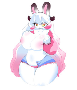 anthro areola big_breasts biped blush bottomwear breasts clothed clothing curvy_figure exposed_breasts eyebrows eyelashes female female_anthro fingers front_view frown hair horn hourglass_figure huge_breasts long_hair looking_at_viewer multicolored_ears multicolored_hair navel nipples partially_clothed pink_hair pose simple_background solo thick_thighs topwear white_background white_body white_hair wide_hips yellow_eyes xmg lagomorph leporid mammal rabbit 2025 colored digital_drawing_(artwork) digital_media_(artwork) hi_res shaded