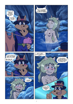 anthro areola bathing blush breasts cape clothed clothed/nude clothing covering covering_breasts covering_self dialogue duo eyes_closed female fur hair hat headgear headwear male male/female mask nipples nude nude_female_clothed_male open_mouth partially_submerged skinny_dipping smile speech_bubble surprised tail teeth text thought_bubble undressed water wet wet_body extraspecialzone kaiketsu_zorori dina_(kaiketsu_zorori) zorondo_ron canid canine fox mammal absurd_res comic digital_media_(artwork) english_text hi_res