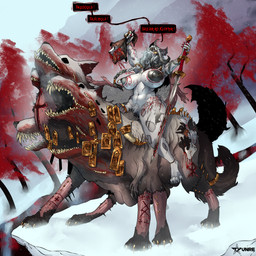 4_heads ambiguous_gender angry anthro big_breasts blood bodily_fluids body_horror bodypaint breasts cross duo female feral gore horn huge_breasts huge_thighs melee_weapon multi_head nipple_piercing nipples nude piercing religious_symbol severed_body_part severed_hand severed_head snow speech_bubble sword thick_thighs weapon tyunre freyja_(heliocintrini) felid mammal pantherine 1:1 hi_res