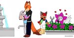 3_toes 4_fingers anthro brown_eyes electronics feet female fingers fountain fur green_eyes grey_body grey_eyes grey_fur group heart_symbol hug kissing male orange_body orange_fur phone photo plant shrub toes white_body white_fur koraru-san bad_guy_cafe disney zootopia eliot_fanghanel judy_hopps nick_wilde ziegelzeig_zoona canid canine canis fox lagomorph leporid mammal rabbit red_fox true_fox wolf crossover