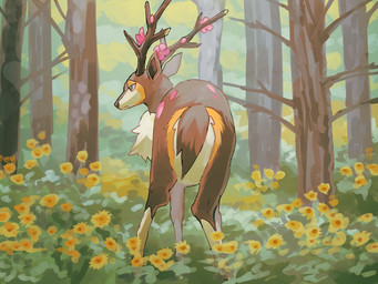 ambiguous_gender antlers brown_body brown_eyes brown_fur butt feral flower forest forest_background fur horn nature nature_background plant solo tail tree fusenryo nintendo pokemon cervine deer generation_5_pokemon mammal pokemon_(species) sawsbuck spring_sawsbuck 2026 4:3