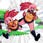 anthro bottomwear clothing duo female parody pink_body pink_skin running school_uniform skirt sweater toast_in_mouth topwear uniform wazzaldorp real_axolotl_hours sega sonic_the_hedgehog_(series) axey_(wazzaldorp) amphibian axolotl marine mole_salamander salamander 2022 absurd_res hi_res