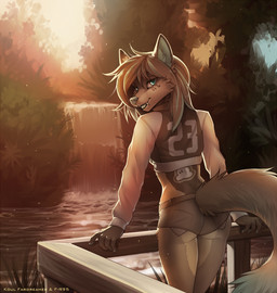 5_fingers anthro blue_eyes bottomwear brown_hair butt clothed clothing day detailed_background female fingers fur grey_body grey_fur grey_nose hair humanoid_hands inner_ear_fluff jacket looking_at_viewer looking_back midriff open_mouth open_smile outside shorts smile solo standing tattoo topwear tramp_stamp tuft water waterfall f-r95 koul canid canine mammal digital_media_(artwork) portrait shaded three-quarter_portrait