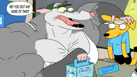 anthro beverage beverage_pack biceps big_muscles big_pecs blue_eyes bottomwear claws clothing counter dialogue duo female fur gas_station grey_body grey_fur hat headgear headwear huge_muscles huge_pecs hyper hyper_muscles lifting_another male muscular pecs pink_body pink_skin sharp_teeth shirt shorts size_difference soda speech_bubble store tank_top teeth topwear torn_clothing torn_tank_top visor_cap whiskers yellow_body yellow_fur yellow_sclera parttimeyeen adult_swim cartoon_network gassy's_gas_'n_stuff gilbert_(gassy's_gas_'n_stuff) lulu_(gassy's_gas_'n_stuff) american_opossum bird_dog canid canine canis domestic_dog hunting_dog labrador mammal marsupial retriever 16:9 2026 hi_res widescreen