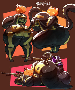 aiming anthro anthrofied back_boob bent_over big_breasts big_butt black_body black_skin bottom_heavy breasts bubble_butt butt butt_focus curvy_figure eyebrows eyelashes female food for_a_head fruit fur glistening glistening_body gun hourglass_figure huge_breasts huge_butt jack-o'-lantern looking_at_viewer motion_lines overweight plant pumpkin pumpkin_head purple_body purple_fur purple_skin ranged_weapon rear_view slightly_chubby solo tail thick_thighs voluptuous voluptuous_female weapon nemiyakii epic_games fortnite raven_team_leader spice_(fortnite) bear mammal object_head ursine absurd_res digital_media_(artwork) hi_res