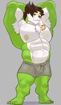 big_muscles brown_hair bulge chest_tuft feet green_body green_skin hair male muscular muscular_male nipples shield solo tattoo tuft white_body white_skin same22shark nintendo pokemon marcelo_solava chesnaught generation_6_pokemon pokemon_(species) hi_res