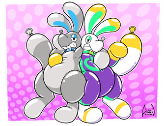 after_transformation anthro arms_around_partner balloon balloon_animal balloon_tail belly big_belly big_ears duo half-closed_eyes inflatable long_tail looking_at_viewer male narrowed_eyes simple_background smile tail toony transformation soul-silver-dragon reboot_(soul-silver-dragon) soul-silver-dragon_(character) canid canine mammal hi_res