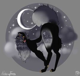 anthro bangs bent_over big_tail black_body black_fur black_hair bodily_fluids casual_nudity claws cloud cosmic_background crescent_moon digitigrade dripping drooling ear_piercing ear_ring eyebrow_piercing facial_piercing fangs female fluffy fluffy_tail fur fuzzy gold_(metal) gold_ear_ring gold_jewelry gold_nose_ring golden_claws gradient_hair grey_hair hair hair_over_eye hand_on_leg jewelry leaning leaning_forward long_hair looking_at_viewer looking_back looking_back_at_viewer moon nose_piercing nose_ring nude one_eye_obstructed open_mouth piercing pose red_sclera ring_piercing saliva saliva_drip saliva_string skinny small_waist solo star starry_background tail tasteful_nudity teeth thick_thighs alchemyfox hellaverse helluva_boss mythology fan_character canid canid_demon canine canis demon domestic_dog fox hellhound mammal mythological_canine mythological_creature wolf signature