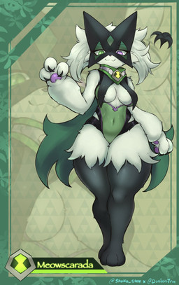 anthro breast_curtains breasts clothing female heterochromia leotard medium_breasts omnitrix solo thick_thighs shoko_steff ben_10 cartoon_network nintendo pokemon den10 fan_character felid feline generation_9_pokemon mammal meowscarada pokemon_(species) hi_res