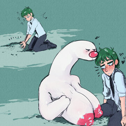 anthro areola big_breasts big_nipples black_bottomwear black_clothing black_eyebrows black_eyes black_footwear black_necktie black_pants black_shoes bodily_fluids bottomwear breasts bulge closed_frown clothed clothed/nude clothed_human clothed_male clothing collared_shirt confusion dress_shirt duo erection erection_under_clothing eyebrows eyelashes female female_anthro footwear freckled_face freckles frown genital_fluids green_hair hair heart_symbol hearts_around_head huge_breasts human_on_anthro interspecies kneeling long_neck looking_at_breasts looking_down looking_down_at_breasts male male/female male_human mitten_hands mouth_closed necktie nipple_dip nipples nude nude_anthro nude_female pants pink_areola pink_nipples pink_nose pokemorph precum question_mark rolled_up_sleeves shirt short_hair slacks sweat sweaty_face topwear white_body white_clothing white_dress_shirt white_shirt white_topwear currentlytr_ash nintendo pokemon generation_9_pokemon human mammal pokemon_(species) wiglett 1:1 2026 hi_res sequence