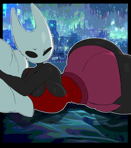 2_horns bed big_breasts big_butt biped black_body black_breasts black_eyes breasts butt city clothing empty_eyes eyebrows female furniture horn inside lying on_bed on_front pillow red_clothing solo window zudofu hollow_knight_(franchise) team_cherry hornet_(hollow_knight) arachnid arthropod spider 2026 absurd_res hi_res