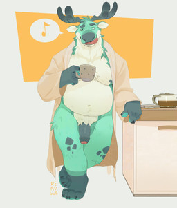 anthro antlers bedroom_eyes belly clothed clothing countershade_face countershade_neck countershade_torso countershading flaccid foreskin fur genitals grey_body grey_fur grey_penis horn humanoid_genitalia humanoid_penis licking licking_lips looking_at_viewer male male_anthro narrowed_eyes nipples open_clothing open_robe overweight overweight_anthro overweight_male partially_clothed partially_clothed_anthro partially_clothed_male penis pink_penis robe robe_only seductive solo speech_bubble standing teal_body teal_eyes teal_fur teeth tongue tongue_out whistling white_body white_fur remulle_(artist) deer mammal moose new_world_deer absurd_res hi_res