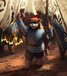 alliance_symbol_(warcraft) anthro banner dual_holding eyewear female flag flag_(object) flag_burning glasses gun holding_banner holding_flag holding_gun holding_object holding_ranged_weapon holding_rifle holding_weapon horde_symbol_(warcraft) ranged_weapon rifle torn_flag weapon shadoca blizzard_entertainment warcraft bear mammal pandaren hi_res