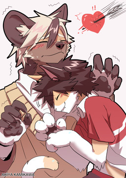adolescent anthro black_nose blush blush_lines bodily_fluids brown_body brown_fur claws clothed clothing collared_shirt cute_fangs duo eyes_closed fangs finger_claws fur heart_symbol intimate kemono love male male/male nuzzling pointy_ears shirt sweat sweatdrop sweater tan_body tan_fur teeth topwear white_body white_fur young young_anthro young_male akiya_kamikawa leken_(akiya_kamikawa) meelo_(akiya_kamikawa) african_wild_dog calico_cat canid canine domestic_cat felid feline felis mammal absurd_res hi_res