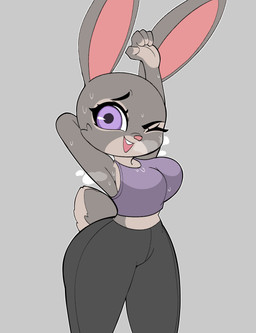anthro big_breasts bodily_fluids bottomwear bra breasts clothing exercise female hand_behind_head looking_at_viewer midriff one_eye_closed pants raised_arm simple_background solo sports_bra sweat underwear wide_hipped_female wide_hips workout workout_clothing yoga_pants onibi disney zootopia judy_hopps lagomorph leporid mammal rabbit absurd_res hi_res