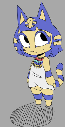 anthro blonde_highlights blue_body blue_fur blue_hair blue_stripes blush blush_lines bob_cut bottomless chibi clothed clothing dress egyptian egyptian_clothing egyptian_headdress eyelashes featureless_crotch female fur grey_background hair highlights_(coloring) jewelry looking_aside necklace simple_background solo striped_body stripes white_clothing white_dress yellow_body yellow_fur yellow_inner_ear justcoffee animal_crossing nintendo ankha_(animal_crossing) domestic_cat felid feline felis mammal absurd_res hi_res