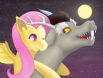 cute_fangs duo fangs female feral fur male male/female simple_background teeth don_random friendship_is_magic hasbro my_little_pony discord_(mlp) flutterbat_(mlp) fluttershy_(mlp) chimera draconequus equid equine horse mammal pony absurd_res hi_res