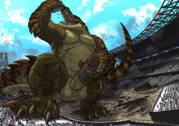 4_toes 5_fingers abs anthro balls biceps biped building building_destruction building_sex city city_background city_crushing city_destruction cityscape claws crush destruction detailed_background erection extreme_size_difference feet finger_claws fingers footprint genitals green_body group house humanoid_genitalia humanoid_penis macro macro_anthro macro_male male masturbation muscular muscular_anthro muscular_male nude open_mouth oral_vore outside pawprint paws pecs penile penile_masturbation penis rampage size_difference sky solo_focus stadium stomping tail teeth toe_claws toes tongue vore tatugon carnak_(carpo) crocodile crocodilian reptile scalie hi_res