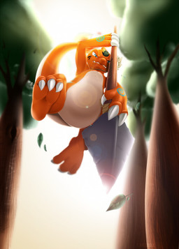 ambiguous_gender attack blue_eyes feral fur leaf low-angle_view melee_weapon orange_body orange_fur plant polearm solo spear teeth tree weapon cake-fox nintendo pokemon charmeleon generation_1_pokemon pokemon_(species) reptile scalie hi_res