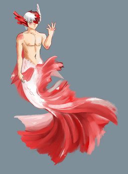 facial_scar flowing_tail grey_eyes hair male multicolored_hair pale_skin pink_tail red_hair red_tail scar solo split_form tail two_tone_hair white_hair dragonessdeity my_hero_academia todoroki_shouto aquatic humanoid_merfolk merfolk 2022
