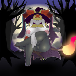 anthro anus areola beckoning big_breasts black_body black_fur breasts butt claws clothing cloud crossed_legs fangs female fire fur genitals gesture glowing glowing_eyes hat headgear headwear holidays inner_ear_fluff looking_at_viewer low-angle_view markings mature_anthro mature_female mole_(marking) moon night nipples nude pink_areola pink_nipples plant presenting presenting_vulva red_body red_eyes red_fur smile solo teeth thick_thighs tree tuft vulva white_body white_fur witch_hat worm's-eye_view yellow_body yellow_fur kamek_sans halloween nintendo pokemon generation_9_pokemon mega_delphox mega_evolution pokemon_(species) 1:1 absurd_res hi_res