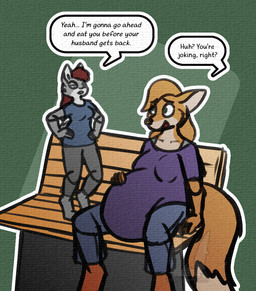 5_fingers anthro belly bench blue_eyes bottomwear breasts clothed clothing dipstick_tail duo eyebrows female fingers fur green_background green_eyes grey_body grey_fur hair imminent_vore markings multicolored_body multicolored_fur nervous open_mouth orange_body orange_fur orange_hair orange_nose pants pregnant pregnant_anthro pregnant_female red_hair red_tongue shirt simple_background sitting size_difference small_breasts standing tail tail_markings text tongue topwear rabbitinafoxden canid canine fox lagomorph leporid mammal rabbit english_text watermark