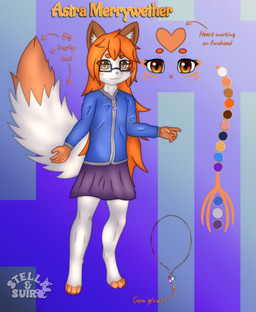 5_fingers abstract_background anthro big_tail bottomless brown_ears clothed clothing color_swatch dipstick_tail eyewear facial_markings feet female fingers fluffy fluffy_tail fur glasses gloves_(marking) hair head_markings heart_(marking) long_hair markings multicolored_body multicolored_fur orange_eyes orange_hair orange_markings orange_tail solo striped_markings stripes sweater sweater_only tail tail_markings text three-quarter_view toes topwear topwear_only two_tone_body two_tone_fur two_tone_tail white_body white_inner_ear white_tail young stellaamoris astra_(stellaamoris) canid canine fox mammal absurd_res digital_media_(artwork) digital_painting_(artwork) english_text full-length_portrait hi_res model_sheet painting_(artwork) portrait