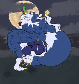 anthro ball_bulge balls belly big_balls big_belly blue_body blue_fur bottomwear clothing dessert eating food fur genitals huge_balls huge_belly hyper hyper_balls hyper_belly hyper_genitalia ice_cream male moon morbidly_obese morbidly_obese_male musclegut muscular night obese obese_male overweight overweight_male rear_view shorts solo tail tongue tongue_out weight_gain white_body white_fur cheddarcheesebiscuits capcom darkstalkers mythology jon_talbain canid canine canis mammal mythological_canine mythological_creature werecanid werecanine werecreature werewolf wolf hi_res