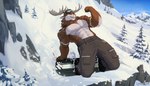 abs anthro antlers biped bottomwear clothed clothing countershade_fur countershade_torso countershading eyewear fur goggles horn male midair mountain outside plant snow snowboard snowboarding solo topless topless_anthro topless_male tree lynncore biff_the_moose deer mammal moose new_world_deer 2023 7:4