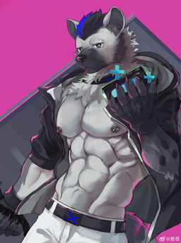 abs anthro areola athletic athletic_anthro athletic_male barbell_piercing belt black_hair blue_hair bottomwear claws clothed clothing ear_piercing eyebrow_piercing facial_piercing facial_tuft forearm_muscles fur grey_body grey_fur hair holding_object jacket looking_at_viewer male markings muscular muscular_anthro muscular_male nipple_dip nipple_piercing nipples obliques open_clothing open_jacket open_topwear pants pecs piercing pink_background riot_shield simple_background solo spots spotted_arms spotted_body spotted_fur topwear tuft v-cut ff1162167867 arknights hypergryph studio_montagne spot_(arknights) hyena mammal spotted_hyena 2026 absurd_res hi_res