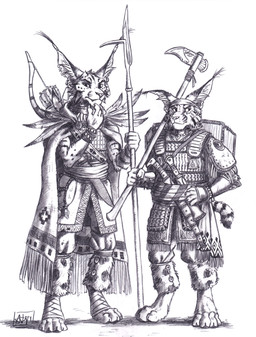 accessory anthro armor arrow_(weapon) axe biped bow_(weapon) bow_on_back bracers cloak clothing digitigrade duo ear_piercing ear_ring ear_tuft feathers headband holding_axe holding_melee_weapon holding_object holding_polearm holding_weapon jewelry lamellar_armor male melee_weapon necklace pauldron paws piercing polearm pouch_(clothing) quiver_(object) ranged_weapon ring_piercing scabbard sheathed_sword simple_background tail tuft vambrace warrior weapon white_background 0laffson caracal caracal_(genus) felid feline lynx mammal 2025 hi_res traditional_media_(artwork)