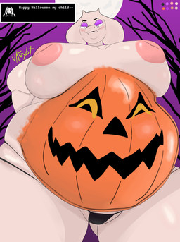 anthro bedroom_eyes belly big_belly big_breasts black_clothing black_thong black_underwear bodypaint breasts clothing dominant dominant_female female food fruit fur holiday_message holidays huge_belly huge_breasts hyper inverted_nipples low-angle_view makeup narrowed_eyes nipples obese overweight overweight_female pink_nipples plant pumpkin seductive solo text thong underwear white_body white_fur vkeybt halloween undertale_(series) toriel bovid caprine goat mammal absurd_res english_text hi_res
