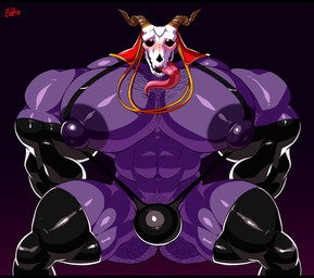 abs anthro armwear big_muscles big_nipples big_pecs black_bars blush body_hair bone bulge butt_hair clothing happy_trail horn huge_muscles huge_pecs hyper hyper_muscles hyper_pecs latex latex_armwear latex_clothing latex_legwear legwear male muscular muscular_anthro muscular_male navel nipples pecs purple_body red_eyes skull skull_head solo speedo swimwear thigh_highs tongue tongue_out bobthetanuki the_ancient_magus'_bride elias_ainsworth demon monster absurd_res hi_res letterbox