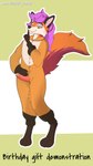 anthro clothing femboy fur genitals hair kigurumi knot knotted_penis long_hair looking_at_viewer male onesie orange_body orange_fur penis pink_hair presenting presenting_penis solo standing text novav33 nova_(novav33) canid canine fox mammal absurd_res english_text hi_res