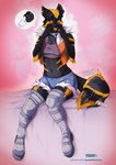 anthro black_body black_fur blue_eyes blush boop clothing collar female fur hair midriff navel orange_body orange_fur orange_hair shy stripes text purplelemons canid canine canis mammal wolf 2021 digital_media_(artwork) hi_res shaded url