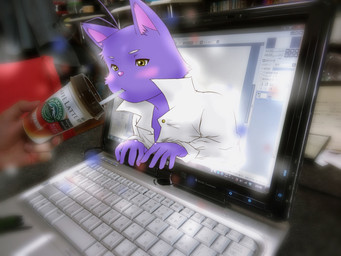 anthro beverage blue_body blue_fur blush breaking_the_fourth_wall clothed clothing coffee computer disembodied_hand duo electronics food fur inside laptop male monitor real screen size_difference smaller_male solo_focus through_screen 5gomashio third-party_edit morenatsu shin_kuroi domestic_cat felid feline felis human mammal 2013 4:3 hi_res mixed_media photo_manipulation
