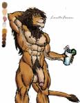 abs anthro athletic balls beverage foreskin genitals humanoid_genitalia humanoid_penis looking_at_viewer male mane muscular muscular_anthro nipples pecs penis pubes retracted_foreskin solo standing loretofaron faren felid lion mammal pantherine