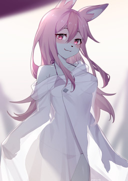 anthro bikini black_nose breasts clothed clothing female fur hair long_hair looking_at_viewer multicolored_body multicolored_fur pink_body pink_eyes pink_fur pink_hair smile solo swimwear translucent translucent_clothing two-piece_swimsuit white_body white_fur shao_(artist) brand_new_animal studio_trigger nazuna_hiwatashi canid canine fox mammal 2020 absurd_res hi_res portrait three-quarter_portrait