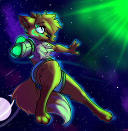 3_toes amputee anthro arm_cannon barefoot bottomwear chest_tuft clothed clothing dipstick_tail disability facial_markings feet female fur head_markings markings missing_arm multicolored_tail open_mouth orange_body orange_fur plantigrade ranged_weapon shorts solo space star tail tail_markings toes topless tuft weapon weapon_arm conditional_dnp skoon starwarriors ezmeralda canid canine fox mammal hi_res