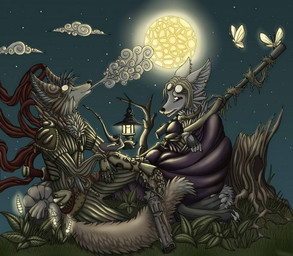 anthro cloud detailed_background duo gun lamp lantern male moon night outside pipe ranged_weapon sky smoke smoking smoking_pipe star starry_sky tail toony weapon flip-fox ambient_arthropod ambient_insect ambient_moth arthropod canid canine canis insect lepidopteran mammal moth wolf detailed